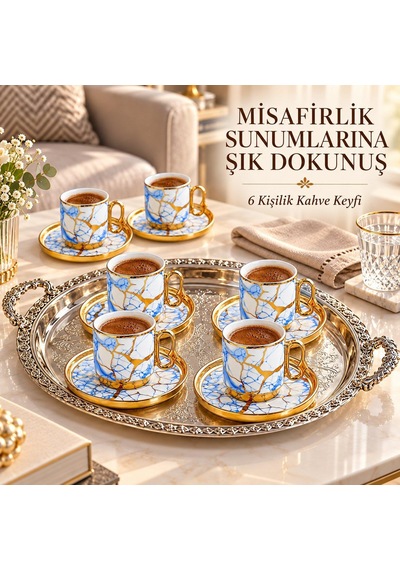 Valkyrie 12 Parça 6 Kişilik 80 Ml Türk Kahvesi Fincan Takımı Mavi Gold Mermer Desenli K653 Mavi