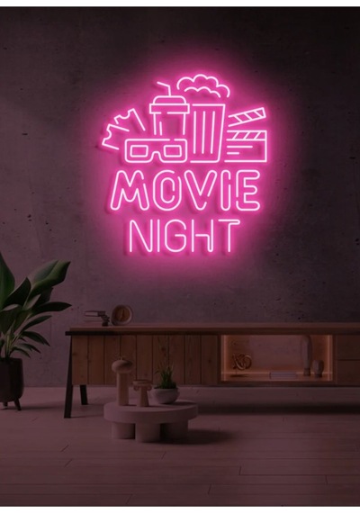 Movıe Nıght Yazılı Ve Şekilli Neon Tabela Pembe
