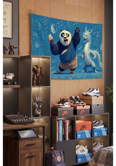 Kung Fu Panda Po Ve Ejderha Blueprint Dekoratif Duvar Örtüsü Duvar Halısı Beyaz