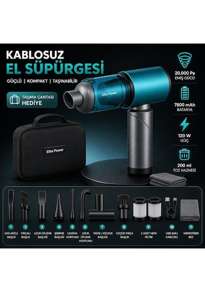 20.000 Pa Kablosuz Araç Süpürgesi 120w Güçlü Emiş 7800 Mah Şarjlı El Süpürgesi 8 Başlıklı Hepa Filtreli Mini Vakum Mavi