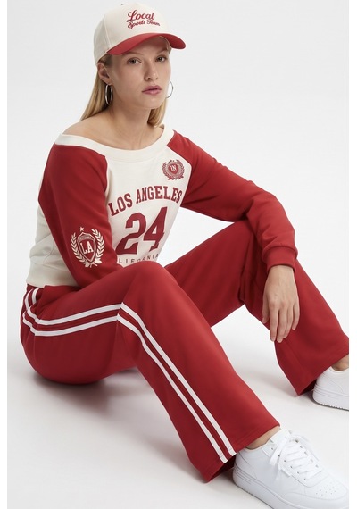 Ritnice Kadın Stone Kayık Yaka Sweatshirt Şeritli Alt Eşofman Kırmızı Alt Üst Takım