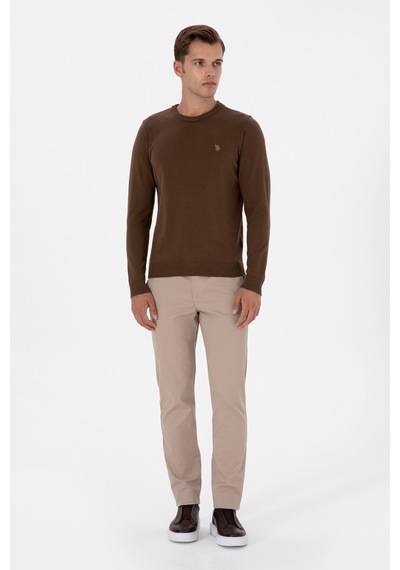 U.S. Polo Assn. Erkek Slim Fit Bisiklet Yaka Kahverengi Basic Kazak 50313713-VR029