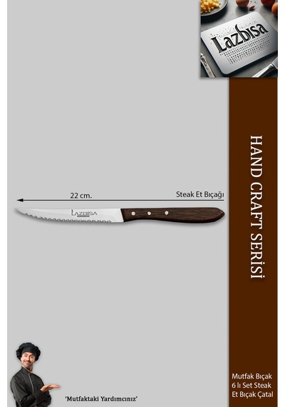 Lazbisa Mtf-058 Hand Craft Serisi Setak Et Bıçağı 6 Lı Mutfak Bıçak Restoran Et Steak Bıçak Ahşap
