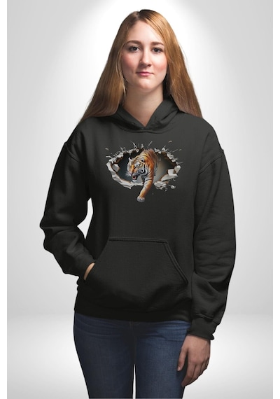 Kırık Duvar Kaplan Kadın Erkek Siyah Kapüşonlu Sweatshirt Hoodie Siyah