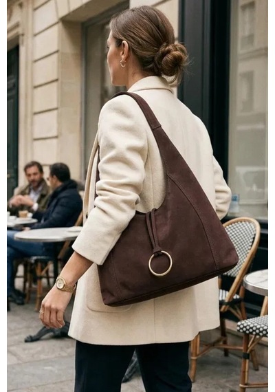 Adelina Bags Kadın Süet Salaş Omuz Çantası Fermuarlı Astarlı Geniş Model Kahve