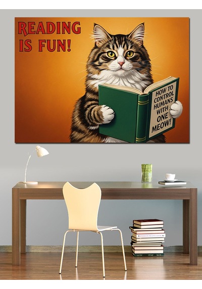 Şapkalı Kitap Okuyan Kedi Dekoratif Kanvas - Mdf Ahşap Tablo