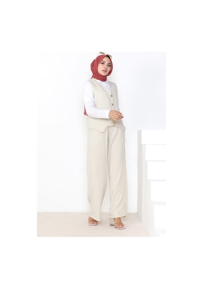 Bestenur Yelek Pantolon Keten İkili Takım 1035 - Taş