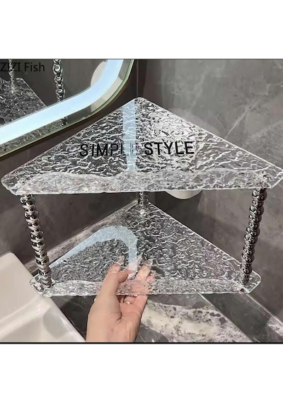 Kırık Cam Desenli Şeffaf 2 Katlı Köşe Rafı Dekoratif Model 23x23 Cm