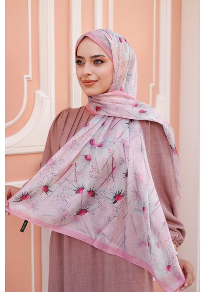 Mimiyum Papatya Desen Nayf İpek Şal Şeker Pembe