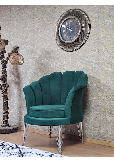Zafir Tekli İstiridye Krom Kaplama Telli Ayak Çay Seti Koltuk Tekli Berjer , Balkon, Salon, Ofis Yeşil