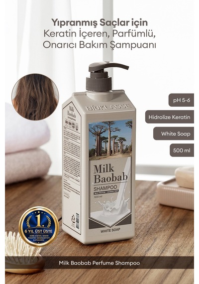 Yıpranmış Saçı Onaran Parfümlü Keratinli Şampuan Mılk Baobab Perfume Shampoo White Soap Tüm Saç Tipleri