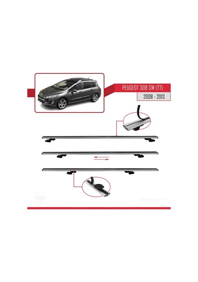 Peugeot 308 T7 Sw 2008-2013 Arası İle Uyumlu Basıc Model Ara Atkı Tavan Barı Gri 3 Adet