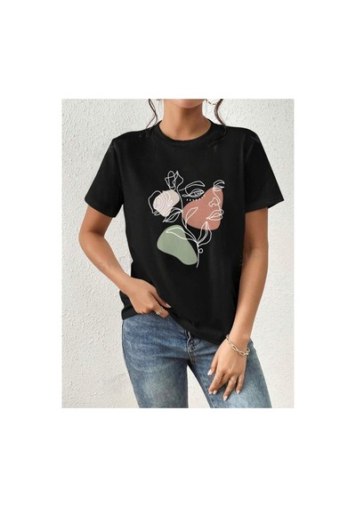 Medinenur Portre Baskılı Basic T-shirt Siyah