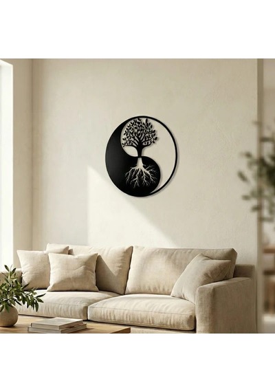 Yin Yang Hayat Ağacı Duvar Tablosu Mdf Kesim Spiritüel Duvar Süsü Açık Gri - Gümüş