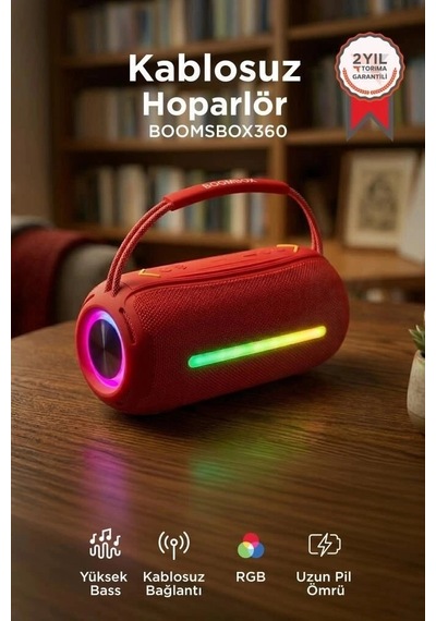 Delux Serisi Torima Bluetooth Hoparlör Rgb Booms Box 360 Kırmızı Seyyar Akıllı Müzik