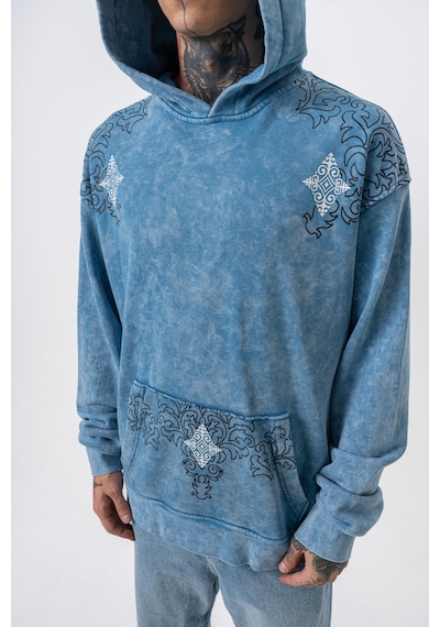 Respire Erkek 10 Baskılı Yıkamalı Kapüşonlu Oversize Hoodie Mavi