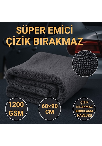 Polham Xl 60x90cm 1200gsm Süper Su Emici Özellikli Mikrofiber Araç Kurulama Havlusu, Çizik Ve İz Bırakmaz Bez