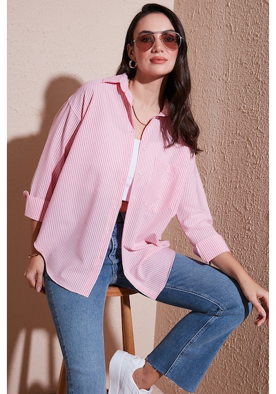 Lela Regular Fit Uzun Kollu Cepli Çizgili Bayan Gömlek 6772895 Şeker Pembe