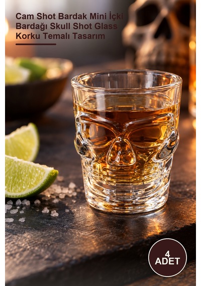 4 Adet Kurukafa Cam Shot Bardağı Cam Shot Bardak Mini İçki Bardağı Skull Shot Glass Korku Temalı Tasarım
