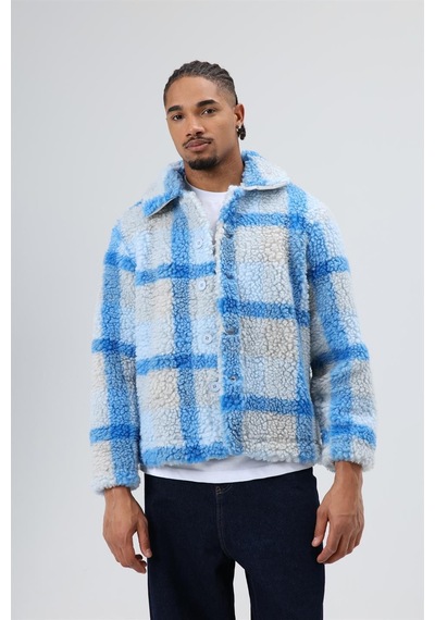 Vamos Oversize Peluş Ekose Ceket Mavi