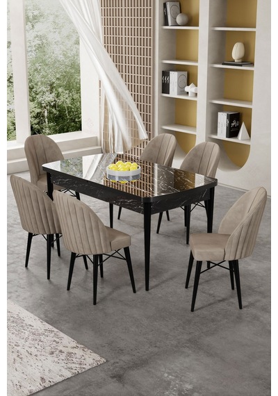 Canisa Gale Serisi 80x132 Açılabilir Lak Panel Siyah Mermer Desen Mutfak Masa Takımı 6 Cappucino Sandalye Masa Siyah Mermer Desen Sandalye Cappucino Canisa Gale Serisi 80x132 Açılabilir Lak Panel Siyah Mermer Desen Mutfak Masa Takımı 6 Cappucino Sandalye Masa Siyah Mermer Desen Sandalye Cappucino