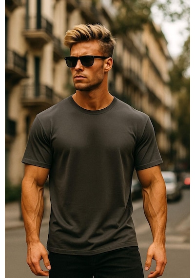 Rich Erkek %100 Pamuk Oversize Tişört Basic Bisiklet Yaka Kısa Kollu T-shirt Gri