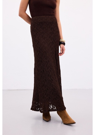 Sateen Dantelli Uzun Etek - Kahve-136890 Kahve