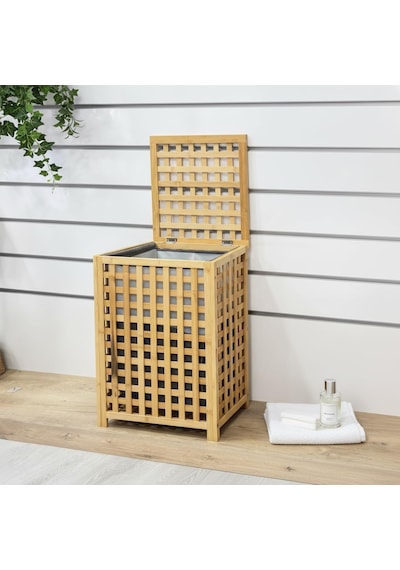 Deconox Kare Bambu Çamaşır Sepeti 40x40x56 Cm - İçi Bezli, Kapaklı Doğal Ahşap Kirli Sepeti Diğer