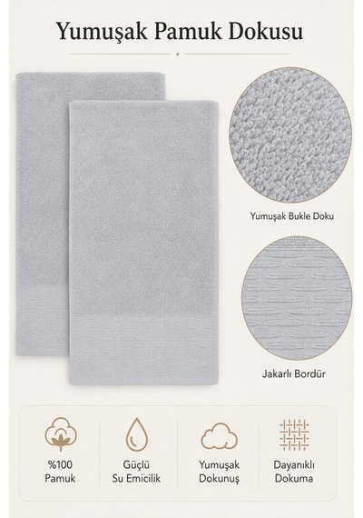 2'li Büyük Boy Banyo Havlusu 90x150 Cm %100 Pamuk Siena Collection 650 Gr Açık Gri