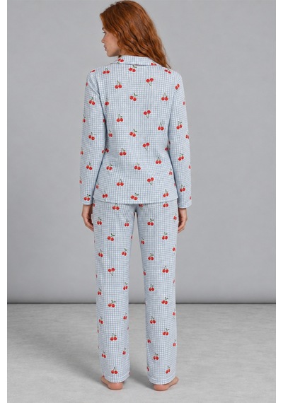 Fit Women Kadın Kiraz Desenli Pötikare Mavi Pijama Takımı 4792