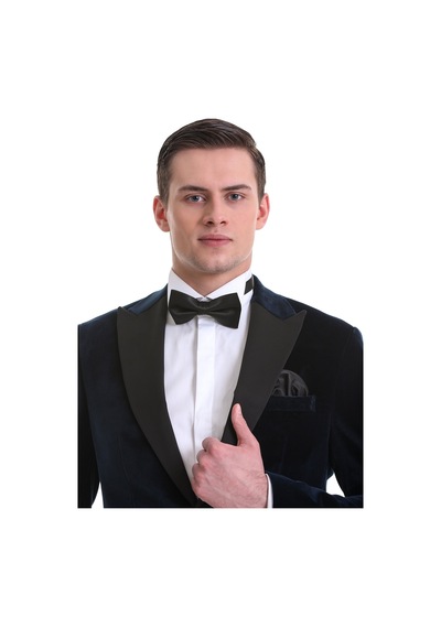 Hatemoğlu Lacivert Slim Fit Düz Sivri Yaka Kadife Klasik Smokin Damatlık 3 Lacivert