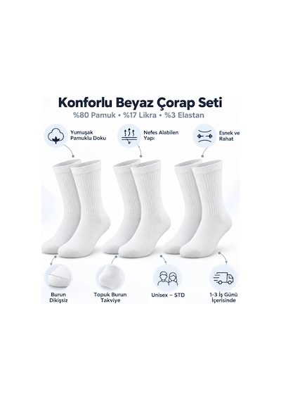 Genel Unisex Basic Siyah Beyaz Soket Çorap 6'lı Set Kadın Erkek Spor Günlük Çok Renkli / 39-44 / 6 Adet Çok  Renkli
