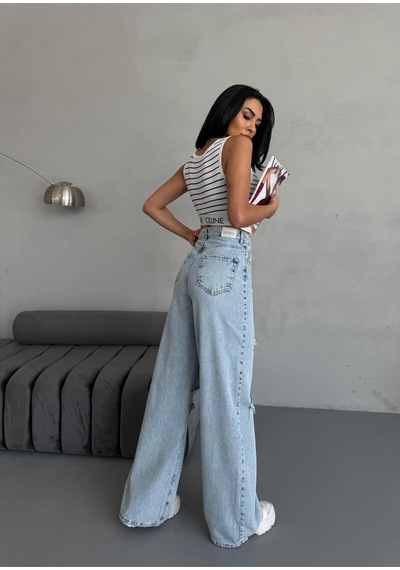 Kadın Baggy Fit Lazerli Yüksek Bel Geniş Paça Kot Pantolon Açık Mavi Mavi+açık