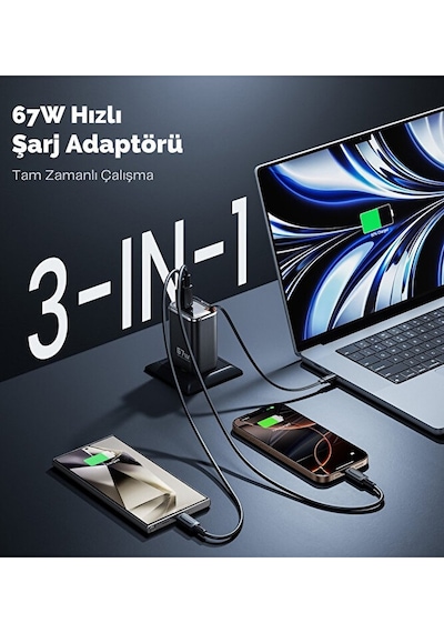 67w Gan Hızlı Şarj Adaptörü Dahili Retractable Type-c Kablo 1