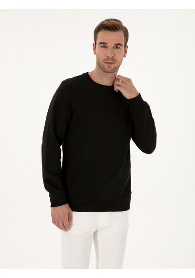 Siyah Regular Fit %100 Pamuk 3 İplik Bisiklet Yaka Sweatshirt