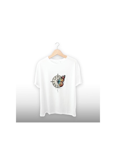 Zaman Kelebek Detaylı Unisex Tişört Beyaz