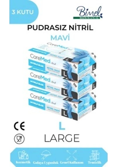 Coremed Mavi Nitril Eldiven L Beden Pudrasız 3 Kutu