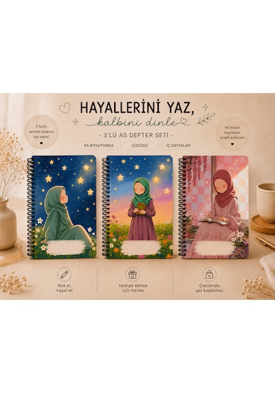 Zumio 3'lü A5 Defter Seti Tesettür Tatlı Kızlar Çizgisiz Spiralli Defter Günlük, Not Ve Planlama Defteri 60 Yaprak Düz