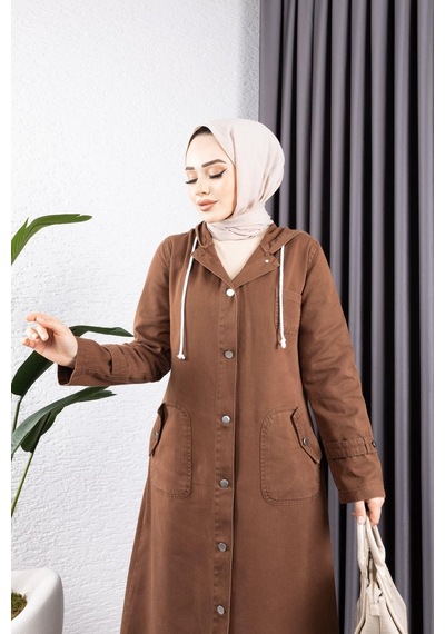 Harman Butik Kadın Düğmeli Cepli Gabardin Kap Kahverengi Kahverengi