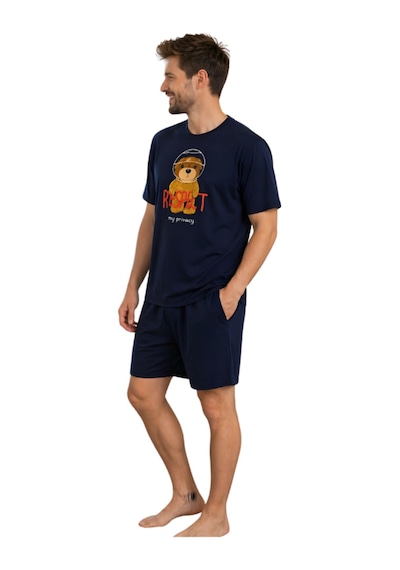 Pijamask Erkek Baskılı Şortlu Pamuklu Yazlık Pijama Takım Alacivert