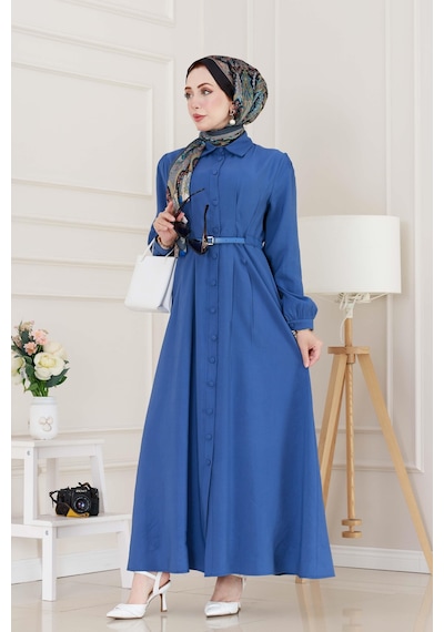 Sevitli Kemerli Tensel Elbise-indigo-5040 İndigo