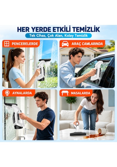 Şarjlı Cam Silme Makinesi Vakumlu Cam Temizleme Makinesi Cam Silecek Pencere Ayna Araç Camı Temizleyici Beyaz
