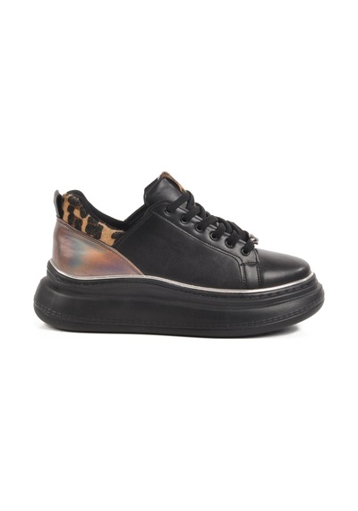 Siyah Kalın Taban Kadın Sneaker T-300 Z Siyah Leopar
