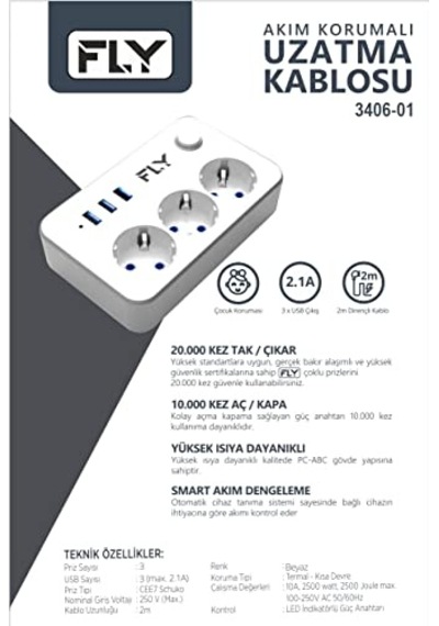3406 Termal Akım Korumalı Çocuk Korumalı 3 X Usb 2mt Uzatma Kablosu 3nanlü Priz Beyaz 0