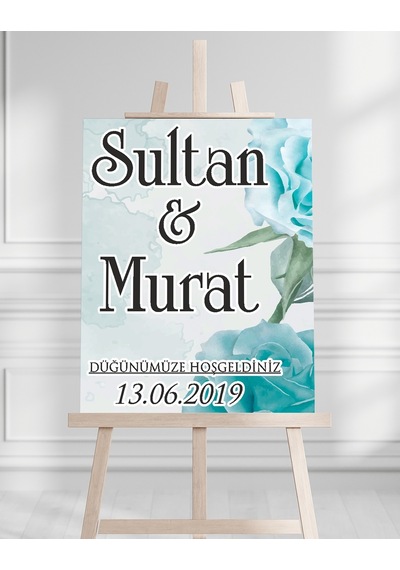 Söz Nişan Düğün İçin 50x70 Karşılama Panosu - Turkuaz Çiçek Ve Yaprak Tasarımlı Beyaz