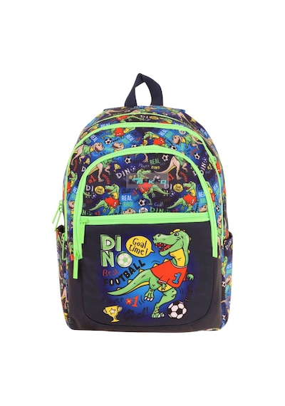 Kauıkko Kids Siyah Yeşil Dinazor Baskılı Erkek Çocuk Okul Çantası - L5266 - Dört Gözlü Siyah - Yeşil
