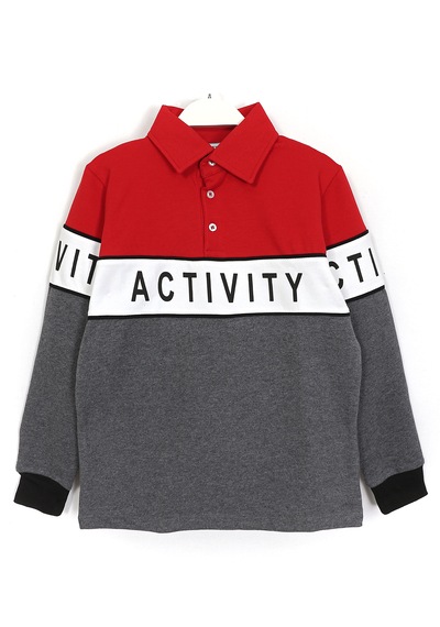 Dobakids Blok Renk Baskılı Polo Yaka Erkek Çocuk Sweatshirt Kırmızı 1982 Çok Renkli