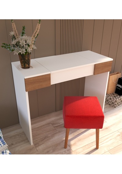 Tocco 1080 Pınar Aynalı Puflu Çekmeceli Lüx Makyaj Masası-beyaz Meşe