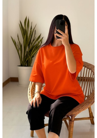 Düz Oversize Unisex Tişört Yb6 Turuncu