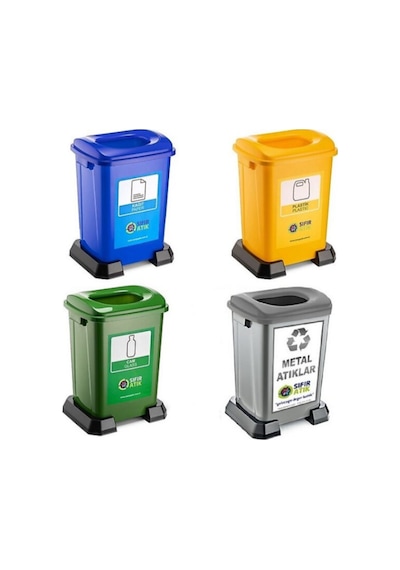 4 Lü Geri Dönüşüm Kutusu Kağıt Atık Plastik Atık Cam Ve Sıfır Atık Kutuları 50 Lt ŞEFFAF
